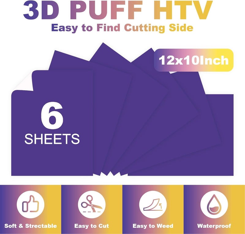 HTVJOYDO 6Pcs Puff Vinyl Heat Transfer, 12x10Inch Purple 3D Puff HTV, DIY Iron-on Vinyl for T-Shirts, Easy to Cut and Weed, Compatible with Cricut or Cameo (6 Purple Puff) - Image 4